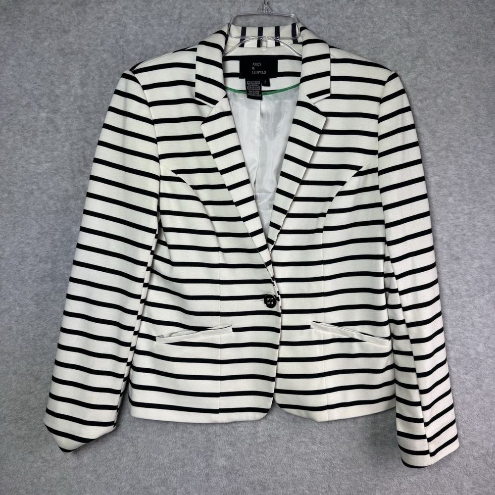 Jules & Leopold White Black Striped Blazer Size 2 One Button Stretch Career
